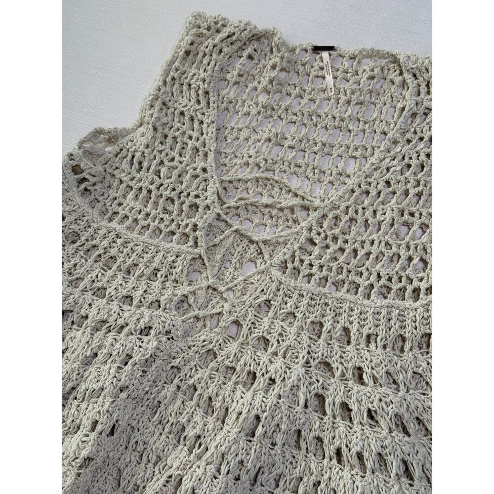 Free People Cream Open-Knit Crochet Lace-Up Front Flared Boho Fairy Grunge Top M - Picture 5 of 7